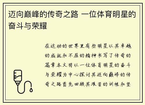 迈向巅峰的传奇之路 一位体育明星的奋斗与荣耀