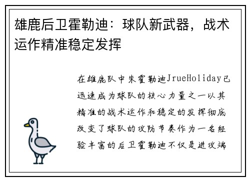 雄鹿后卫霍勒迪：球队新武器，战术运作精准稳定发挥